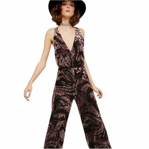Free People PIPER Lux Holiday Black Floral Burnout Jumpsuit